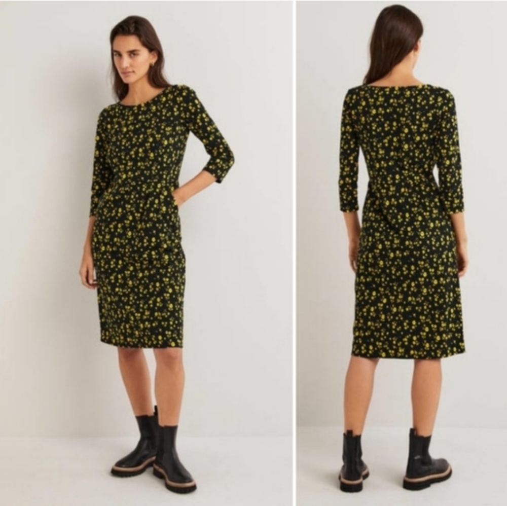 Boden Floral Jersey Dress | 6 | Black Yellow Floral ¾ Sleeve | Fall Classic